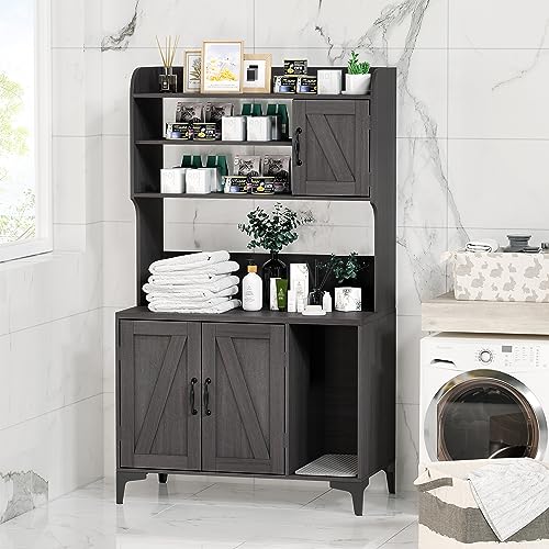 Grey Wood Cat Litter Box Enclosure with Shelf Storage M187