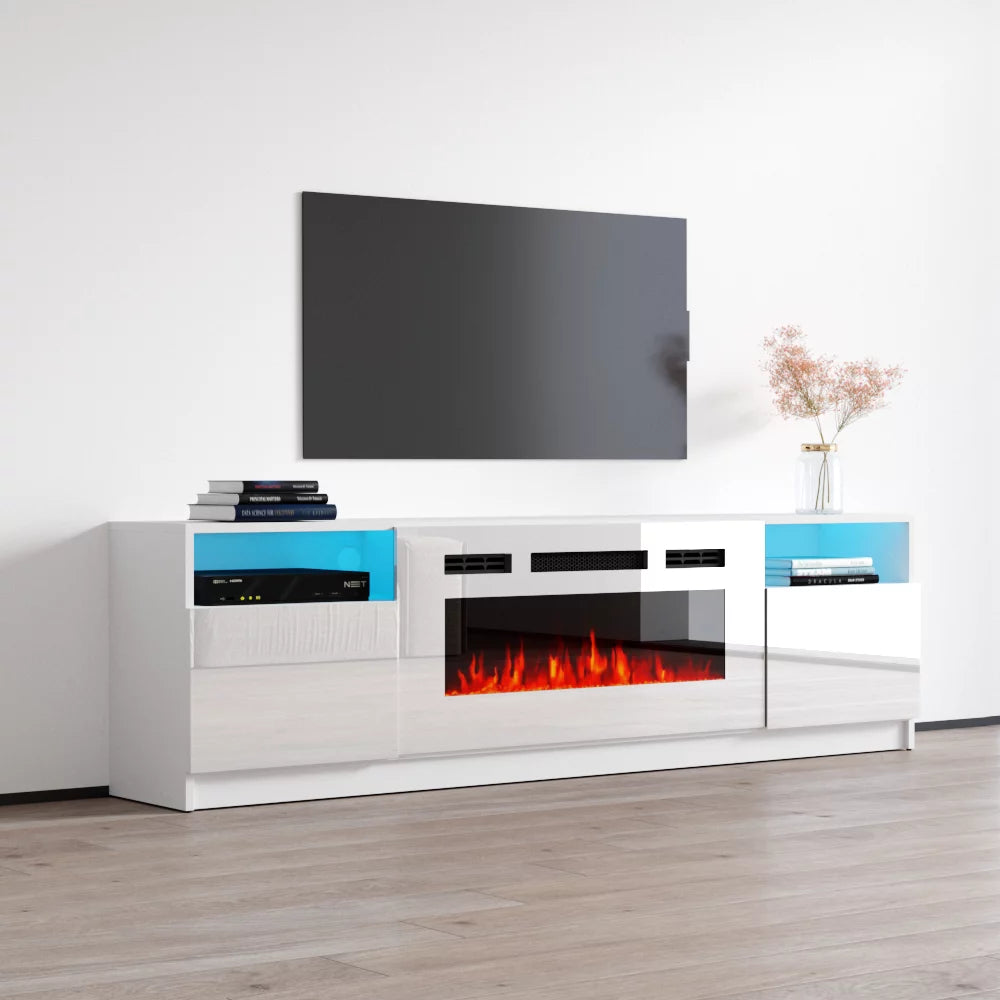 79" High Gloss Fireplace TV Stand with Storage Cabinets and LED Lights X58578