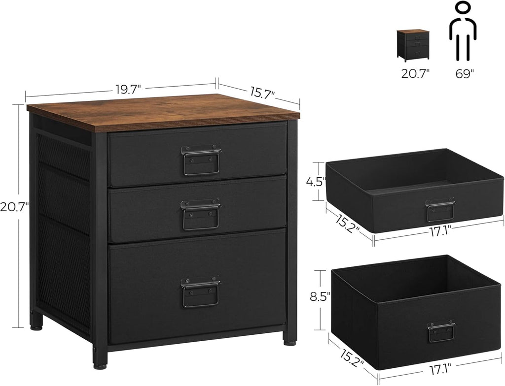 Industrial Nightstand, 3 Fabric Drawers, Steel Frame, Wooden Top Y251