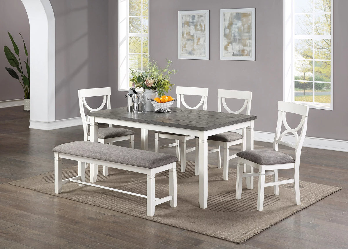 White 6pc Dining Set Round Table 4 Chairs Bench O413