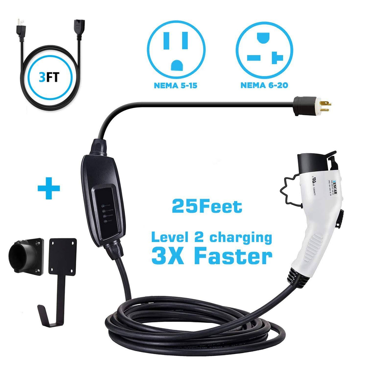 Portable Level 2 EV Charger, 16A, 25ft+3ft X337
