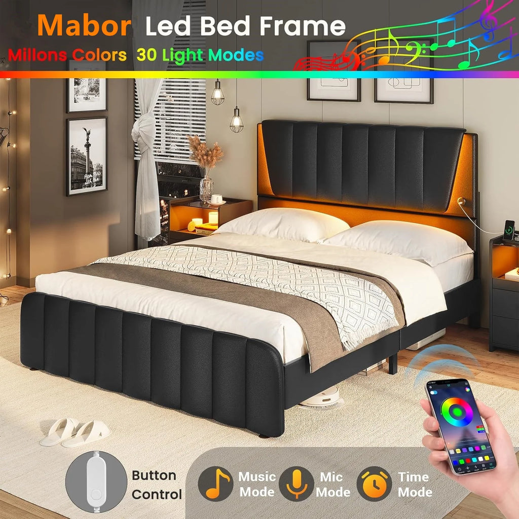 Queen Size Black LED Upholstered Platform Bed Frame with Headboard and 4 Storage Drawers X15741