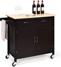 Dark Brown Rolling Kitchen Cart with Storage Cabinet and 2 Drawer Towel Rack D555