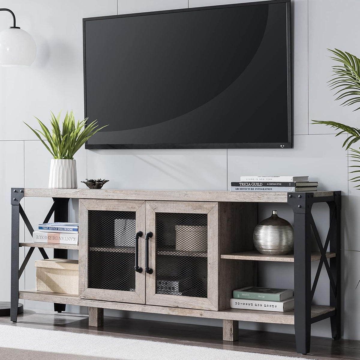 Large Brown Wood TV Stand with Metal Side X-Frame F2213
