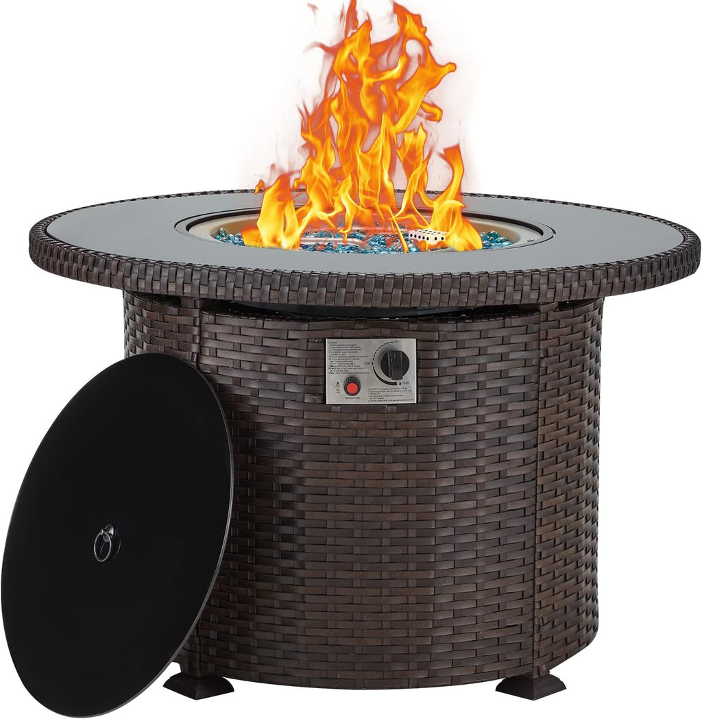 38 Inch 50,000 BTU Round Propane Fire Pit Table with Lid and Fire Glass A94985