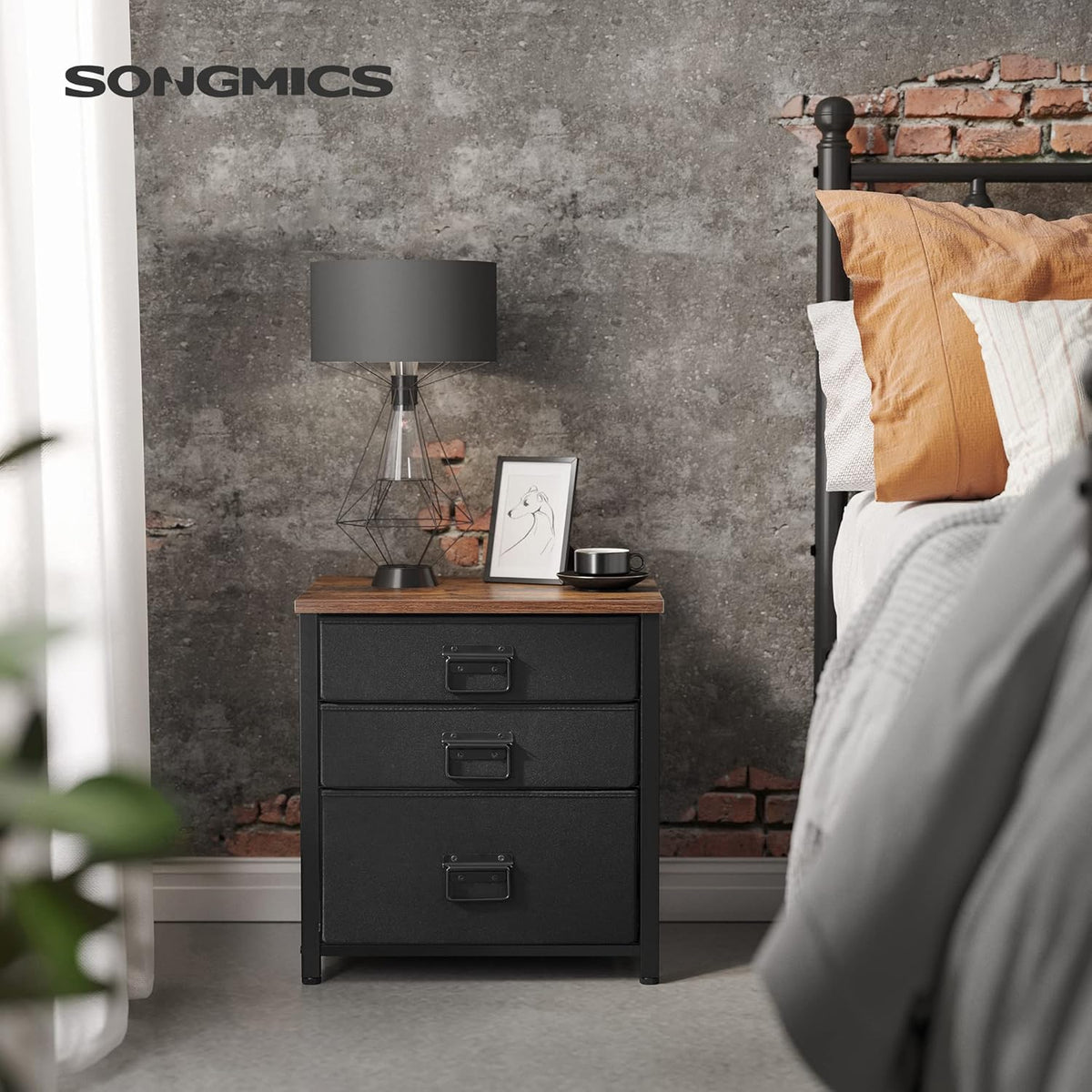 Industrial Nightstand, 3 Fabric Drawers, Steel Frame, Wooden Top Y251