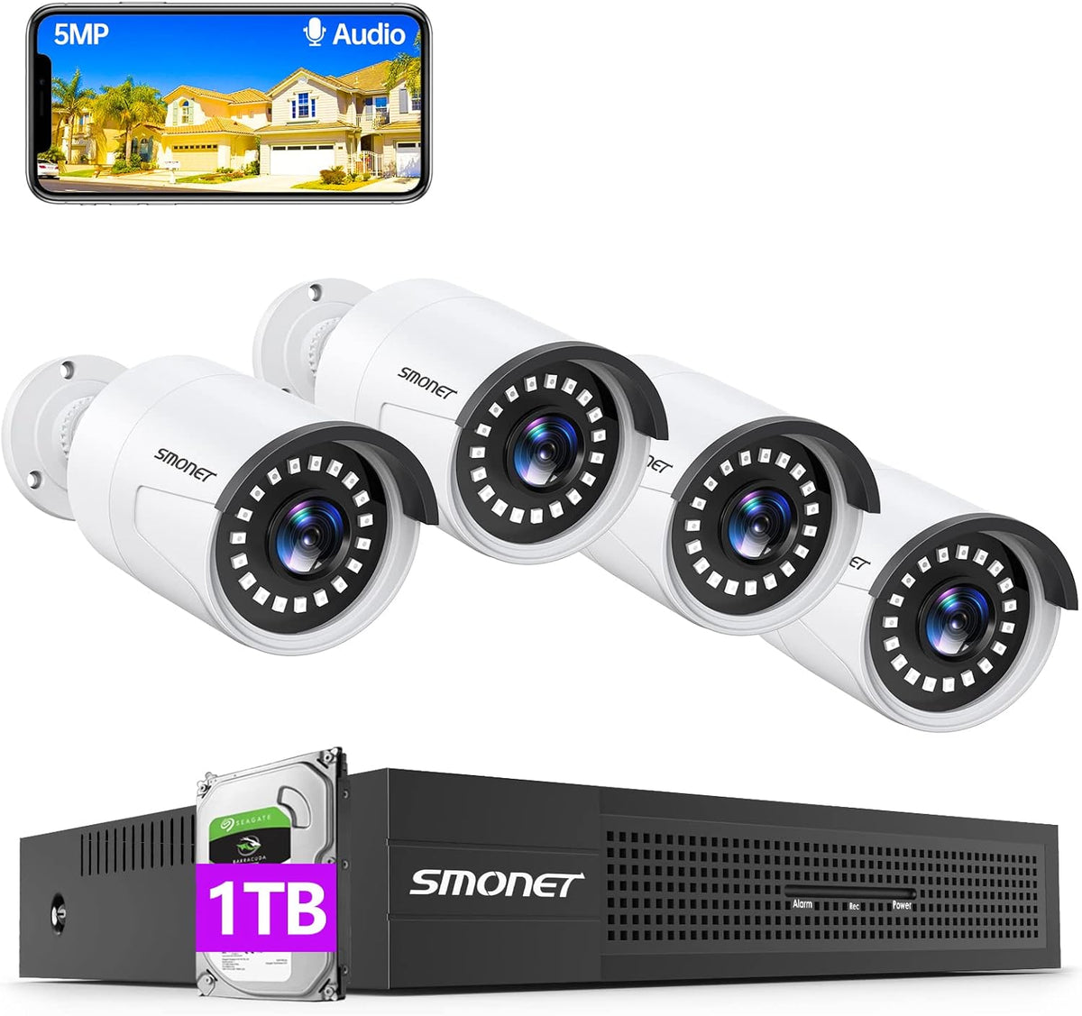 5MP PoE Security Camera System with Audio, 8 Channel NVR, 4Pcs Wired Indoor Outdoor IP Cameras, Night Vision, 1TB Hard Drive V151