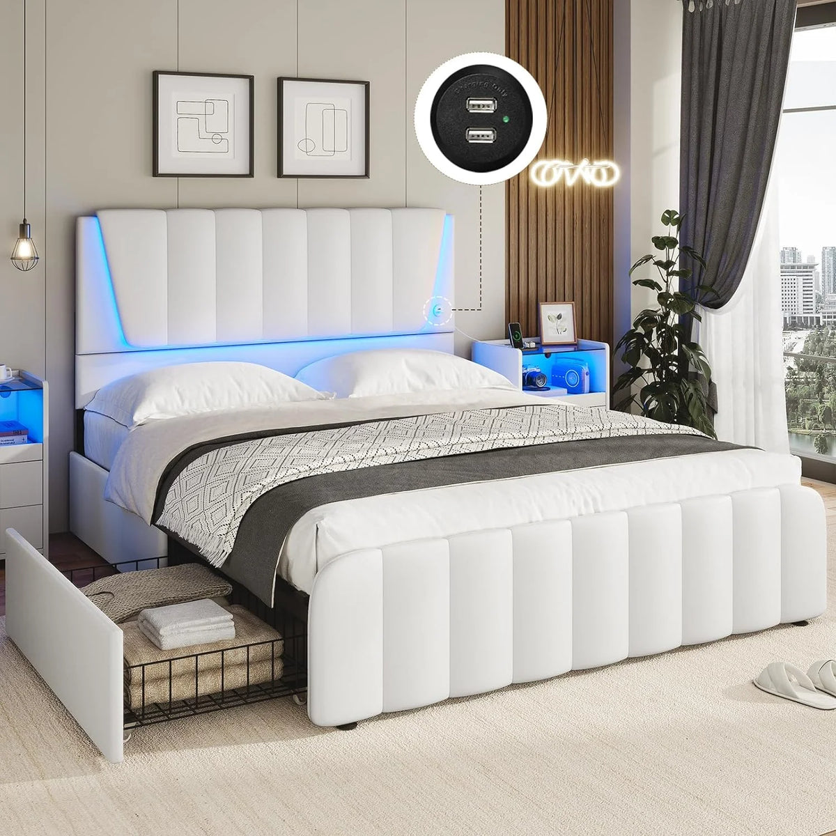 Queen Size Black LED Upholstered Platform Bed Frame with Headboard and 4 Storage Drawers X15741
