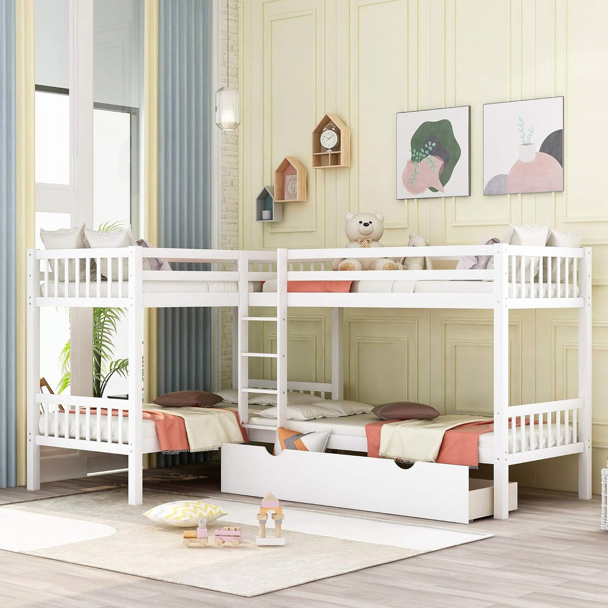 Grey Wood Twin Over Twin Bunk Beds with Storage Staircase and Guardrails P15115