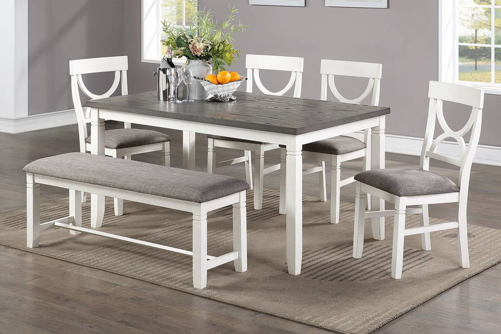 White 6pc Dining Set Round Table 4 Chairs Bench O413