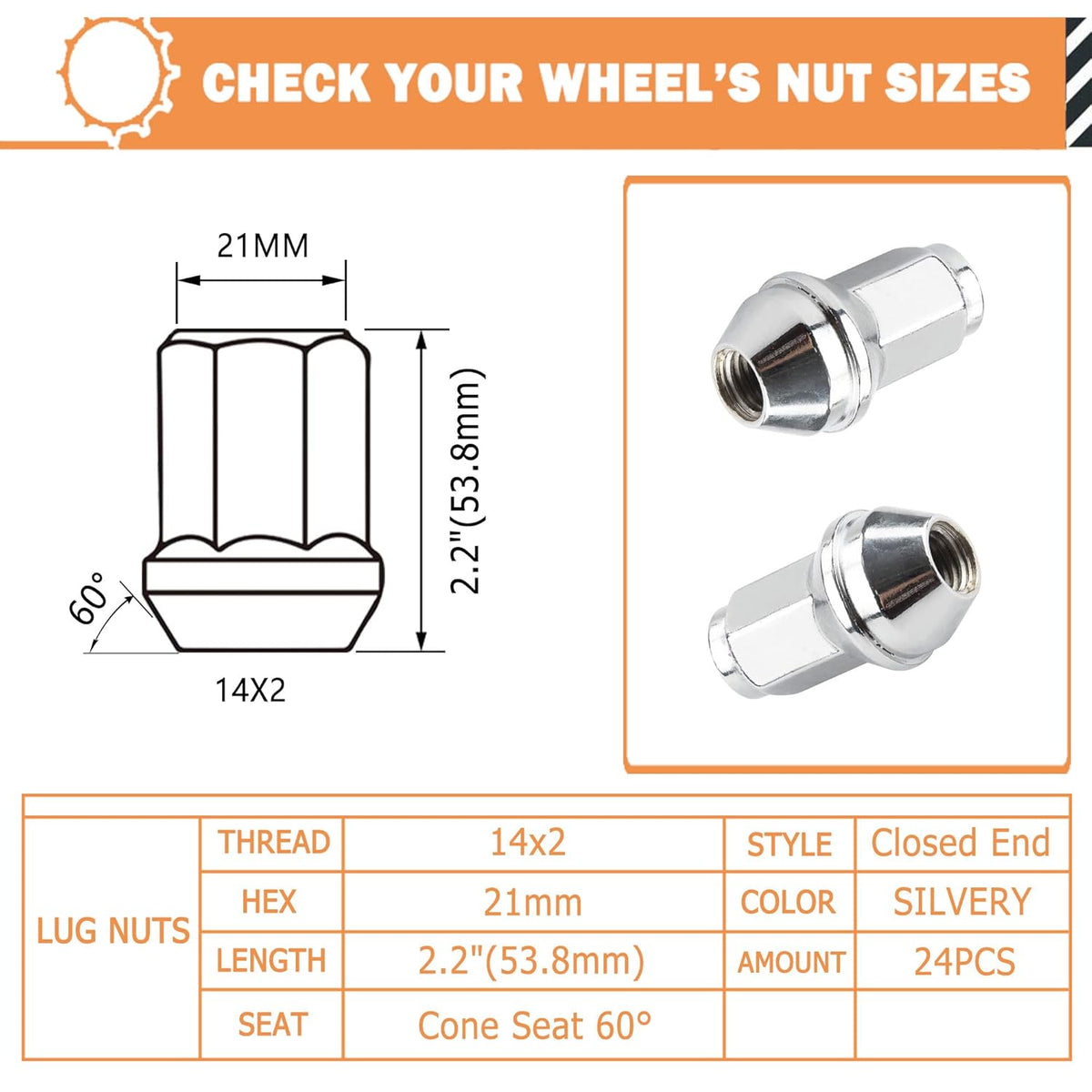 24PCS 13/16" Hex M14x2.0 Chrome Large Acorn Seat Lug Nuts I8816