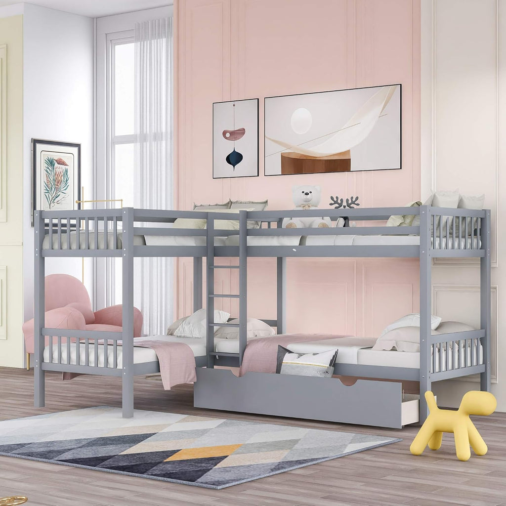 Grey Wood Twin Over Twin Bunk Beds with Storage Staircase and Guardrails P15115