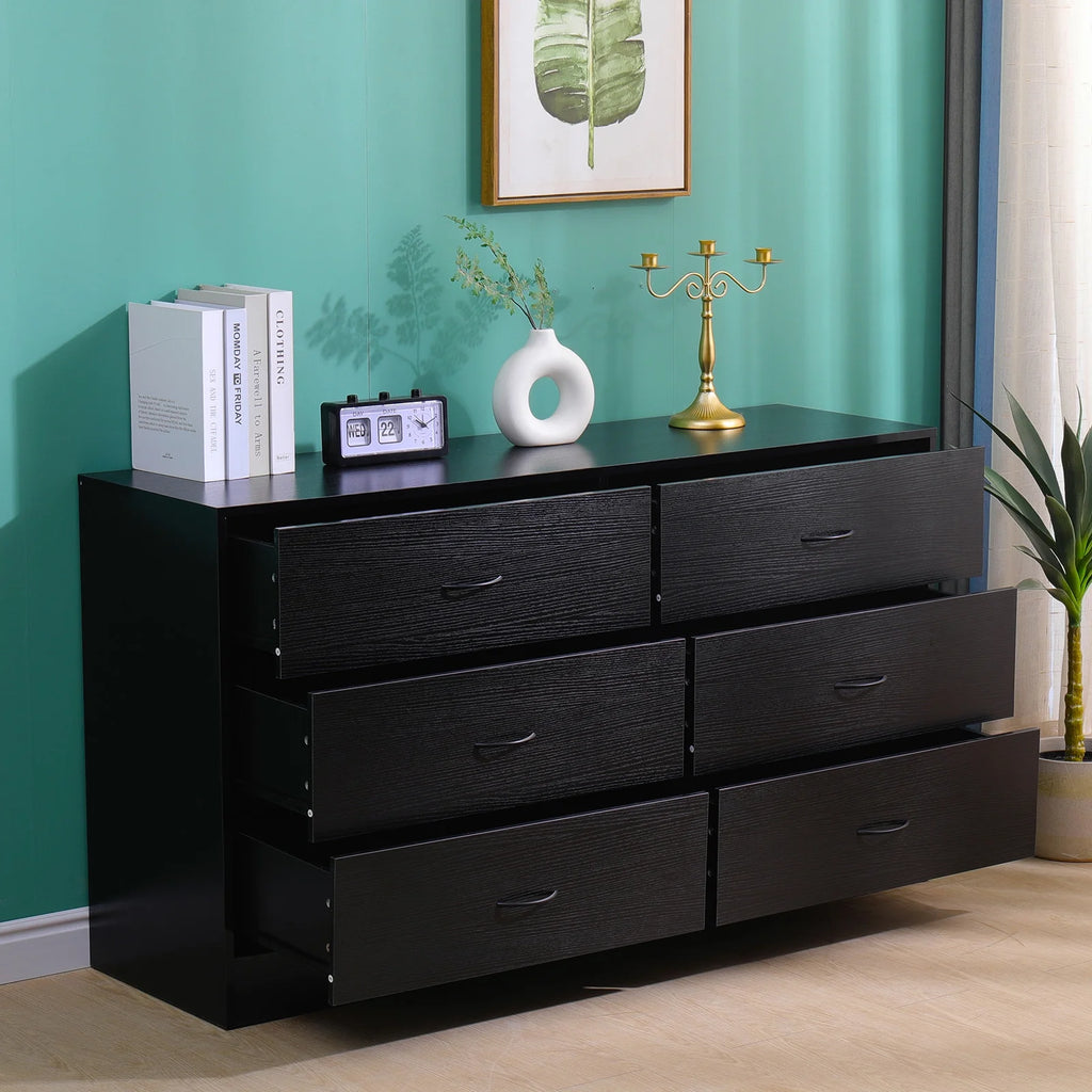 Black 6 Drawer Wood Dresser S812