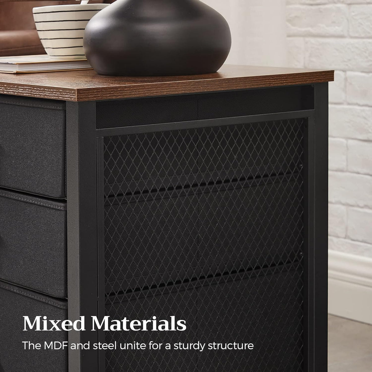 Industrial Nightstand, 3 Fabric Drawers, Steel Frame, Wooden Top Y251