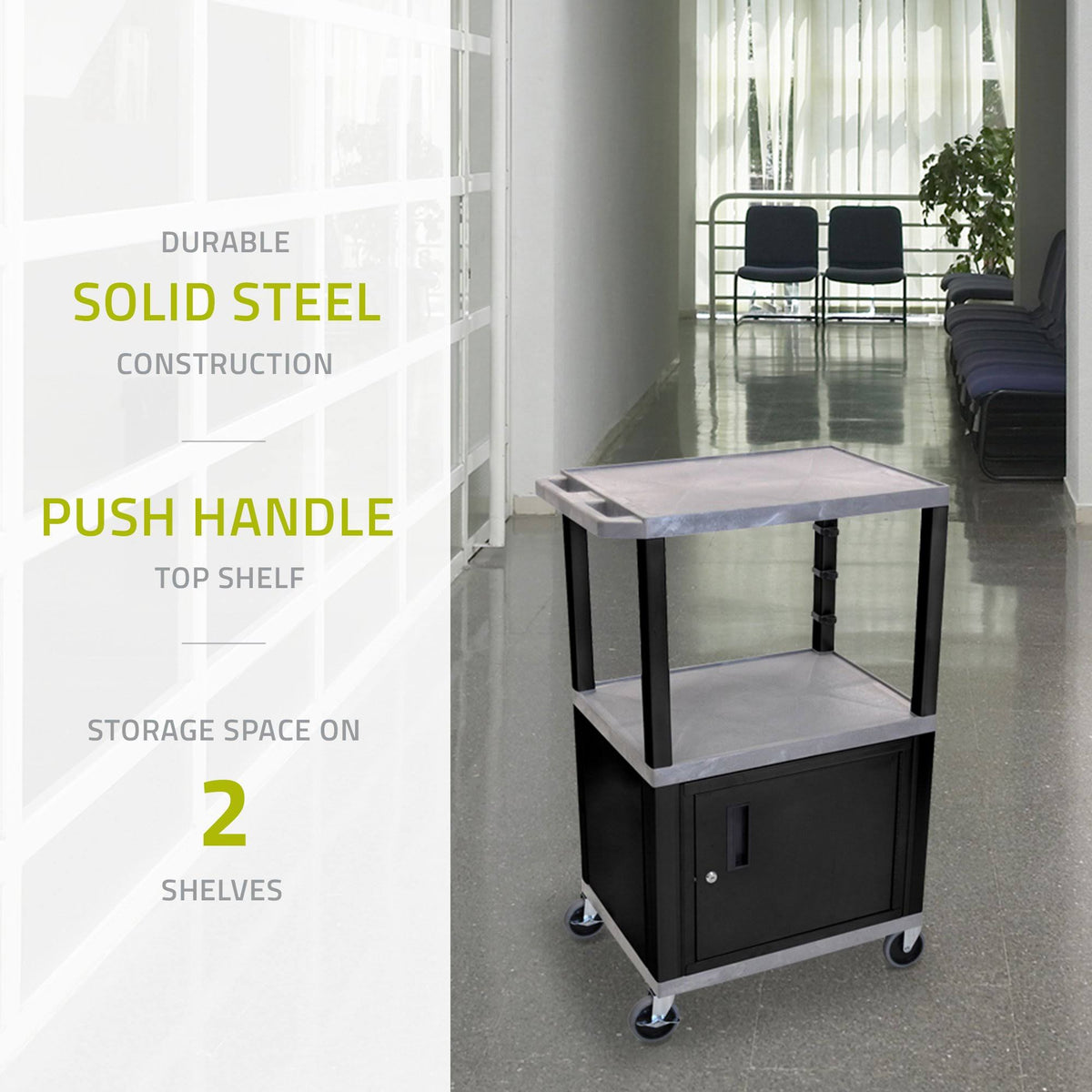 Gray 3 Shelf AV Cart with Cabinet X1648