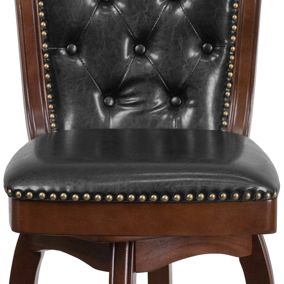 26 Inch Cappuccino Wood Counter Height Stool with Black Leather Swivel Seat Q190692