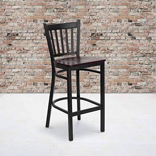 Black Vertical Back Metal Restaurant Barstool with Mahogany Wood Seat W4030