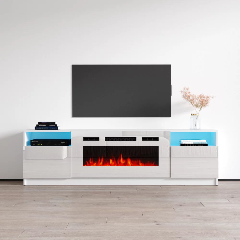 79" High Gloss Fireplace TV Stand with Storage Cabinets and LED Lights X58578
