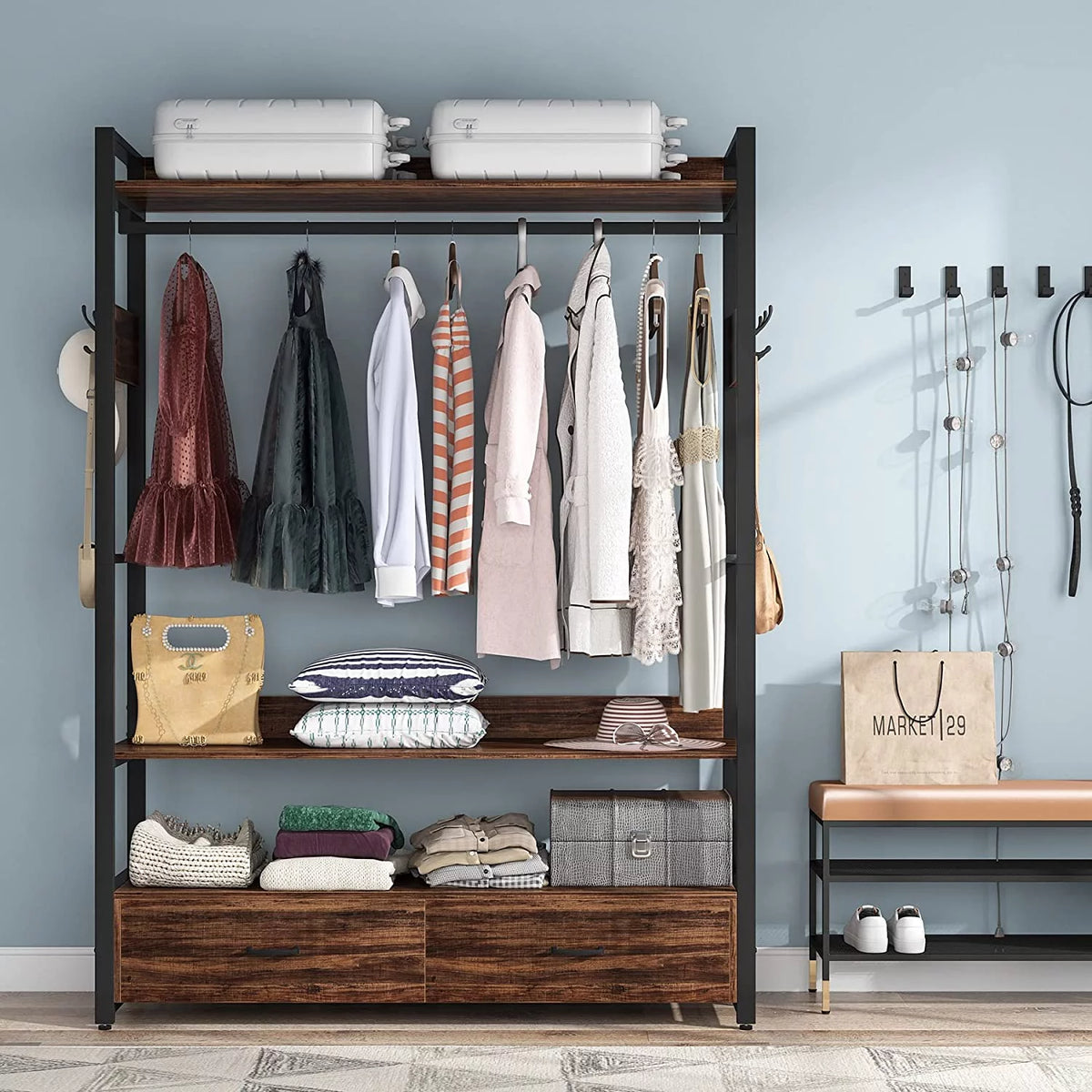 47 inches Clothes Rack with Drawer and Hooks O50942