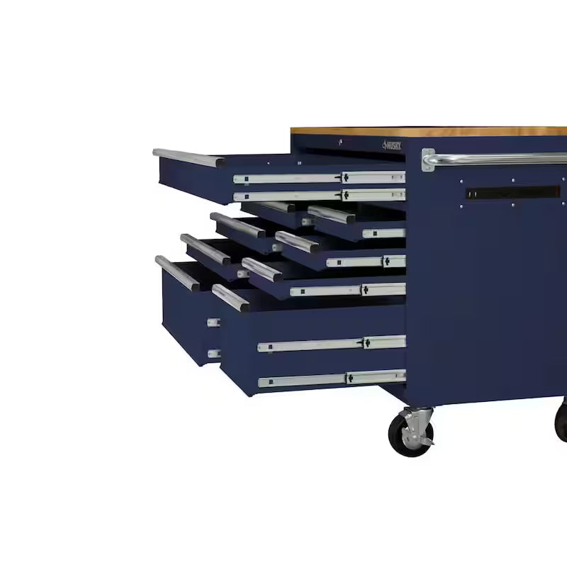 9-Drawer Mobile Workbench Cabinet with Solid Wood Top in Gloss Blue J838