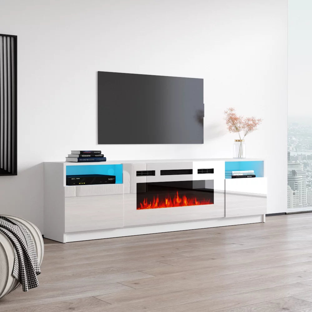79" High Gloss Fireplace TV Stand with Storage Cabinets and LED Lights X58578