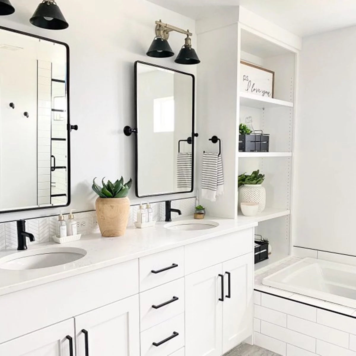 Black Metal Framed Tilting Beveled Rectangle Bathroom Mirror 23x35" W831