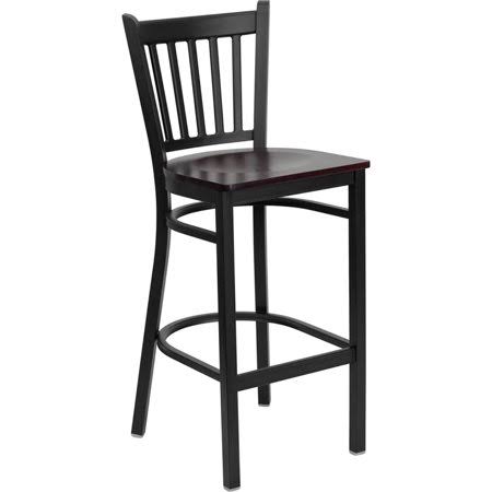 Black Vertical Back Metal Restaurant Barstool with Mahogany Wood Seat W4030