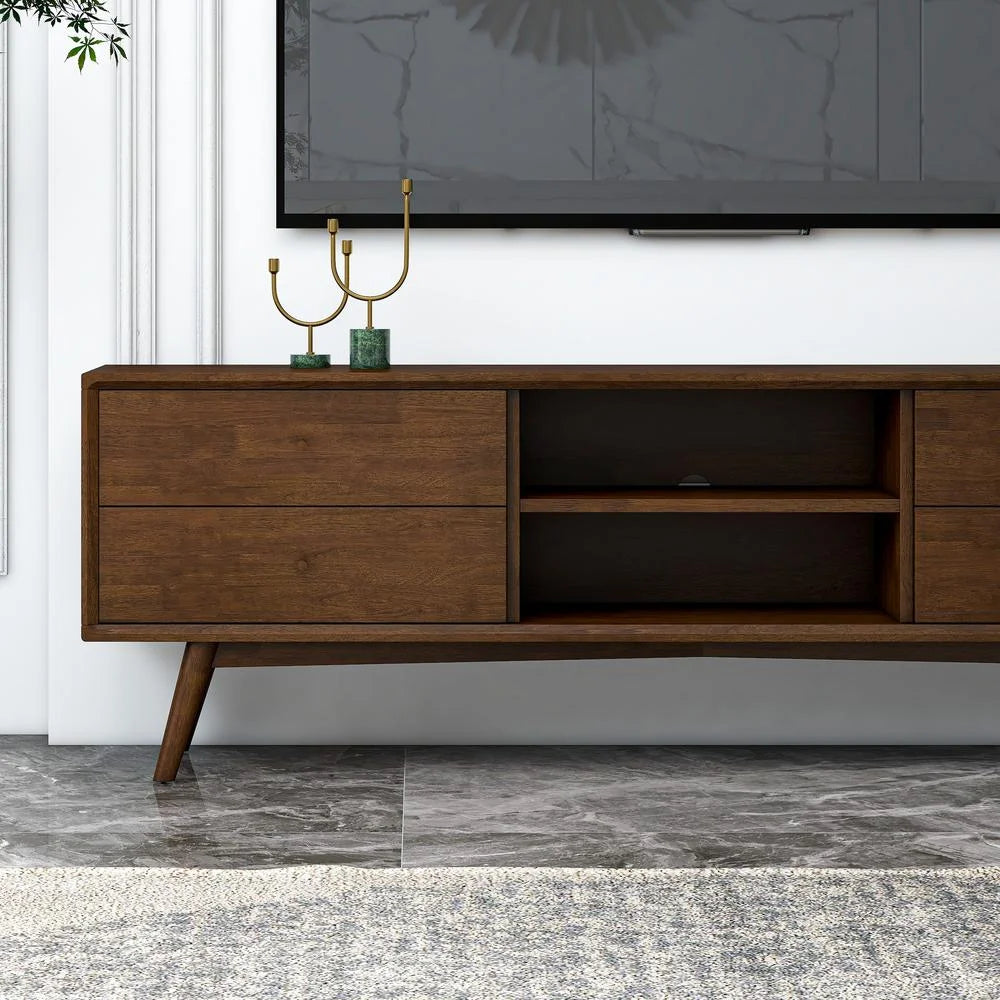 70.5" Mid-Century Walnut 4 Drawer Wood TV Stand Y268632